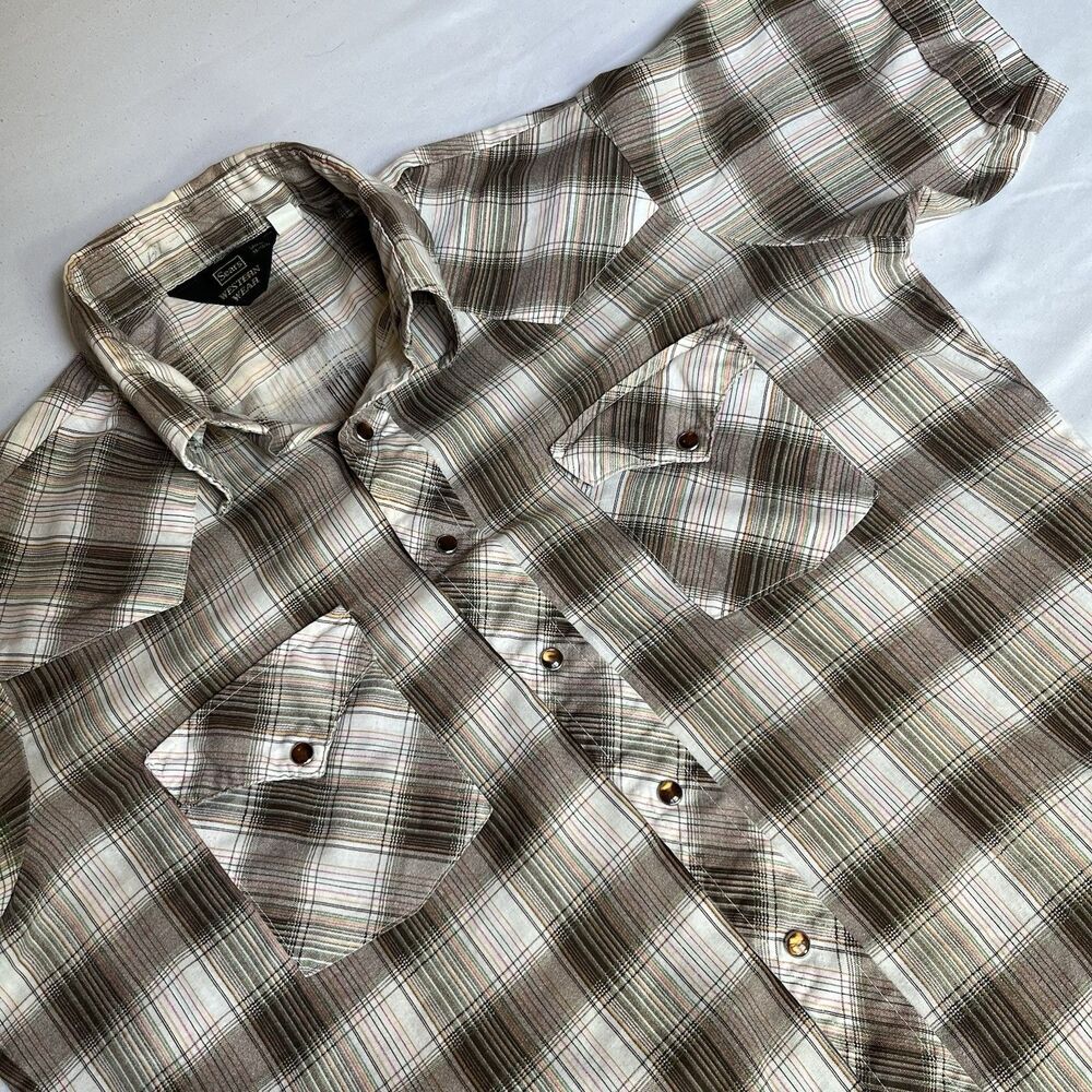 VTG Sears Western Wear Pearl Snap Shirt Men’s L Large Button Up Plaid Brown